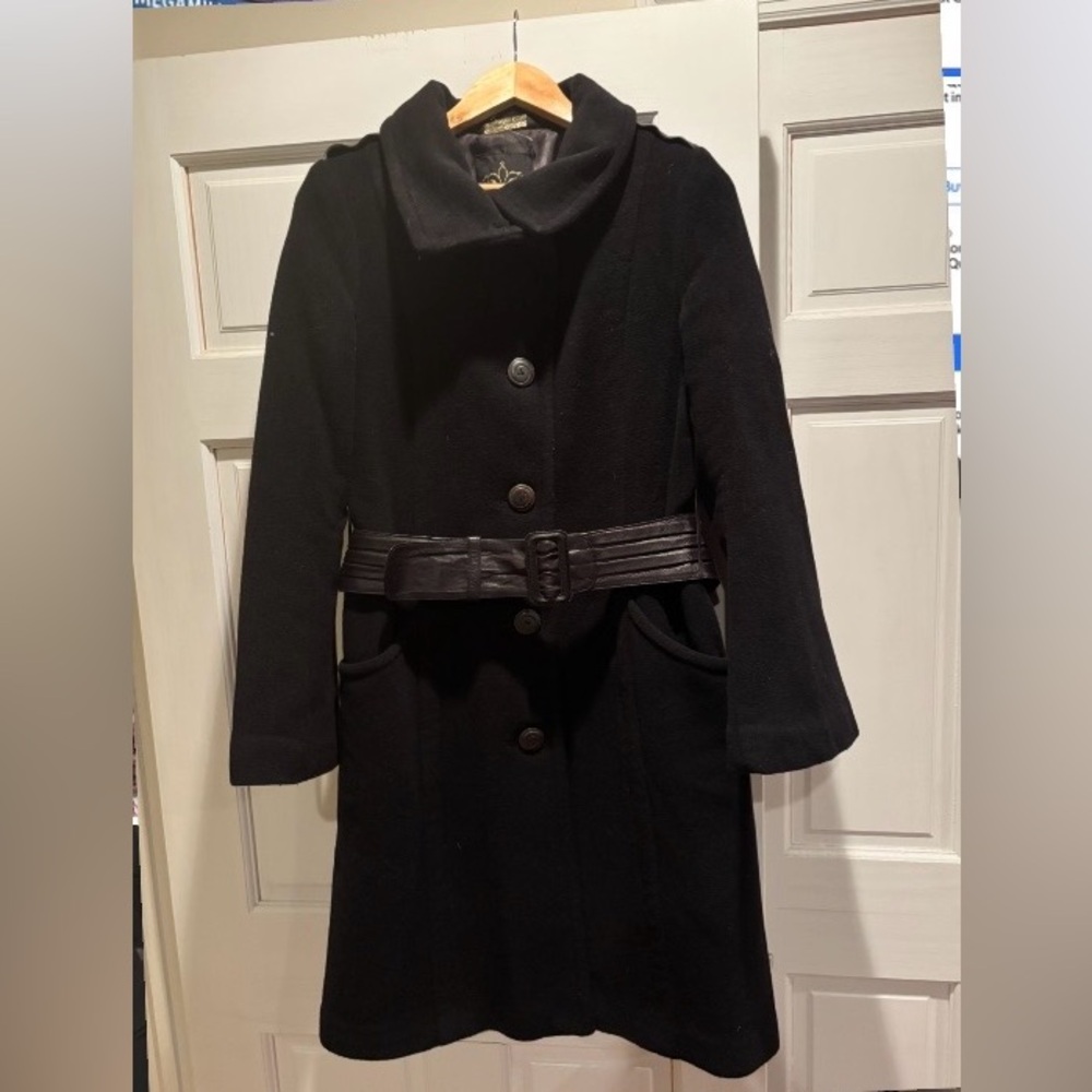 Mackage Sz LG Black Long Coat With Leather Accents And Belt